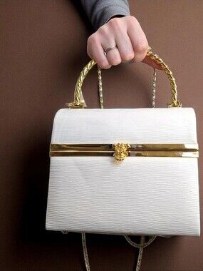 Vintage White Lunchbox‎ Purse Handbag Gold Chain Mod MCM Embossed Faux Leather
